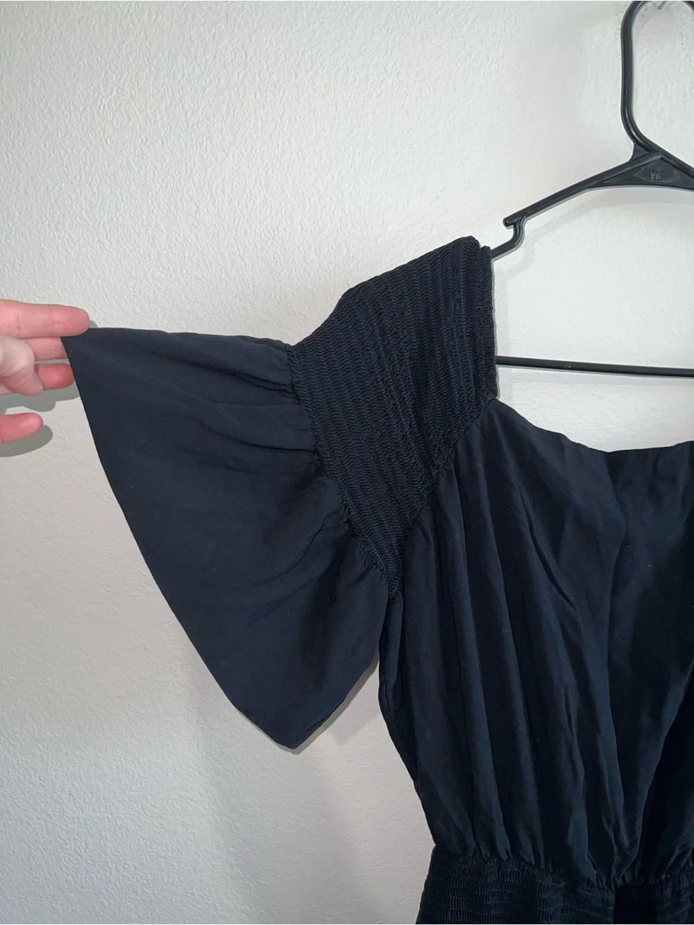 Free People Navy Blue Smocked-Waist Puff Sleeve Mini Dress